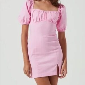 Astr Pink Ruched Puff Sleeve Mini Dress